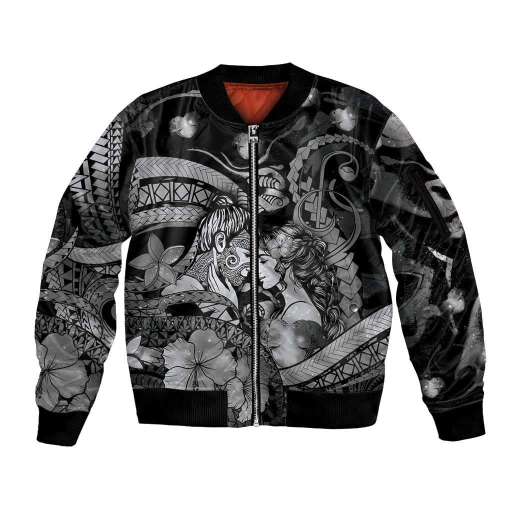 Personalised Maori Romantic Valentine Sleeve Zip Bomber Jacket The Hongi Kiss Black Galaxy DT05 Unisex Black - Polynesian Pride