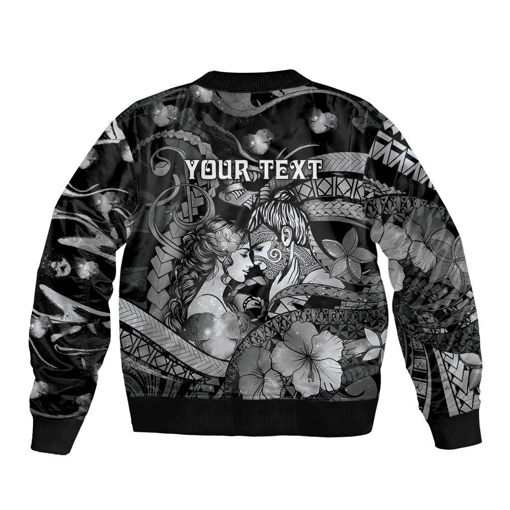 Personalised Maori Romantic Valentine Sleeve Zip Bomber Jacket The Hongi Kiss Black Galaxy