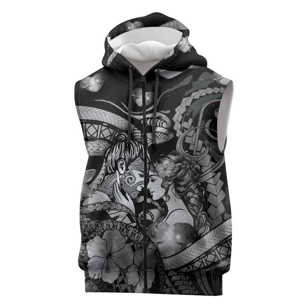 Personalised Maori Romantic Valentine Sleeveless Zip Hoodie The Hongi Kiss Black Galaxy DT05 Black - Polynesian Pride