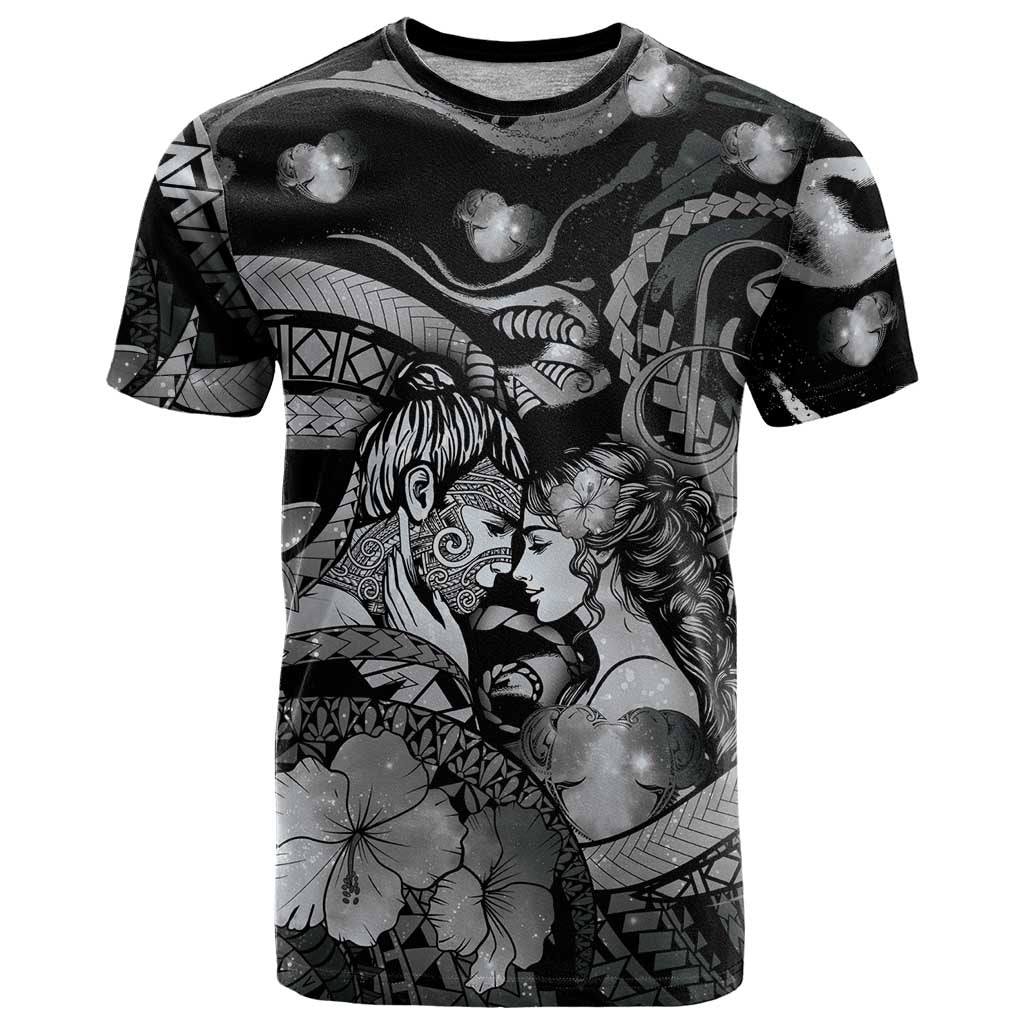 Personalised Maori Romantic Valentine T Shirt The Hongi Kiss Black Galaxy DT05 Black - Polynesian Pride