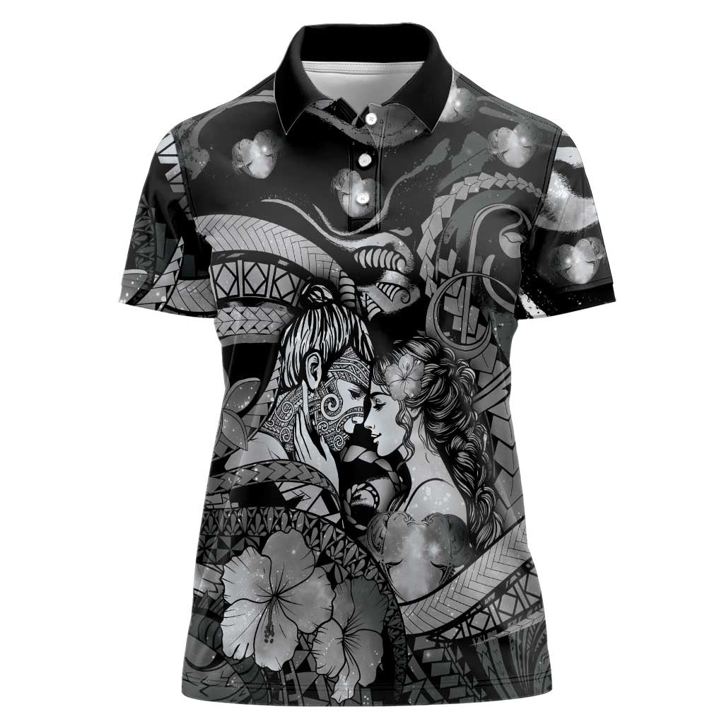 Personalised Maori Romantic Valentine Women Polo Shirt The Hongi Kiss Black Galaxy DT05 Female Black - Polynesian Pride
