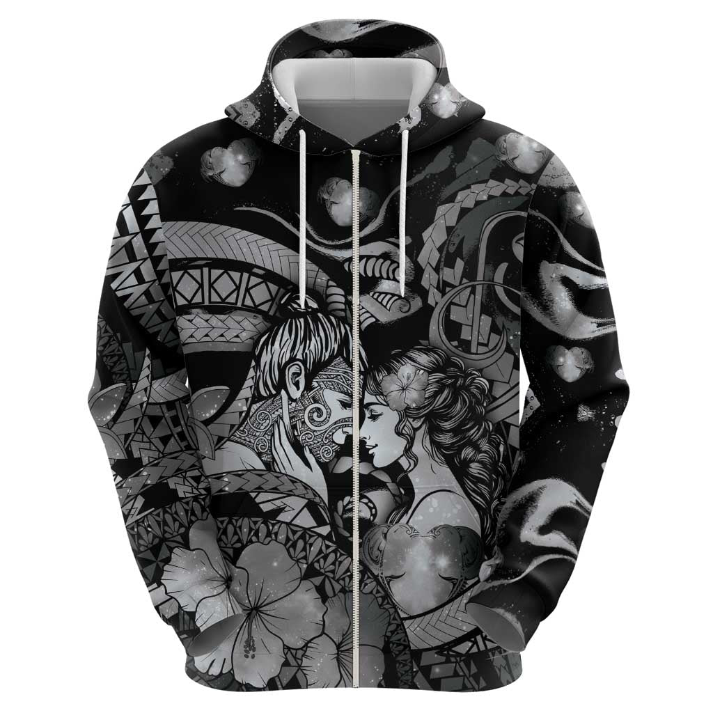 Personalised Maori Romantic Valentine Zip Hoodie The Hongi Kiss Black Galaxy DT05 - Polynesian Pride