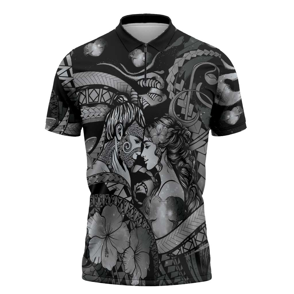 Personalised Maori Romantic Valentine Zipper Polo Shirt The Hongi Kiss Black Galaxy DT05 Black - Polynesian Pride