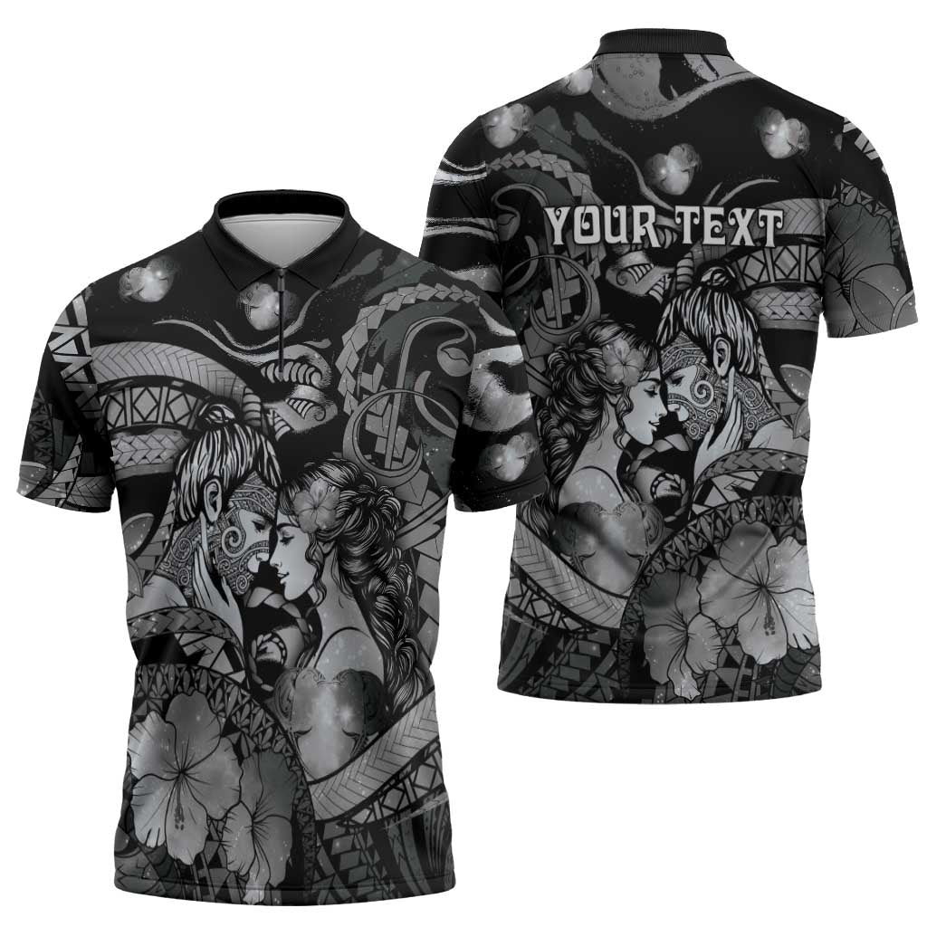 Personalised Maori Romantic Valentine Zipper Polo Shirt The Hongi Kiss Black Galaxy DT05 - Polynesian Pride