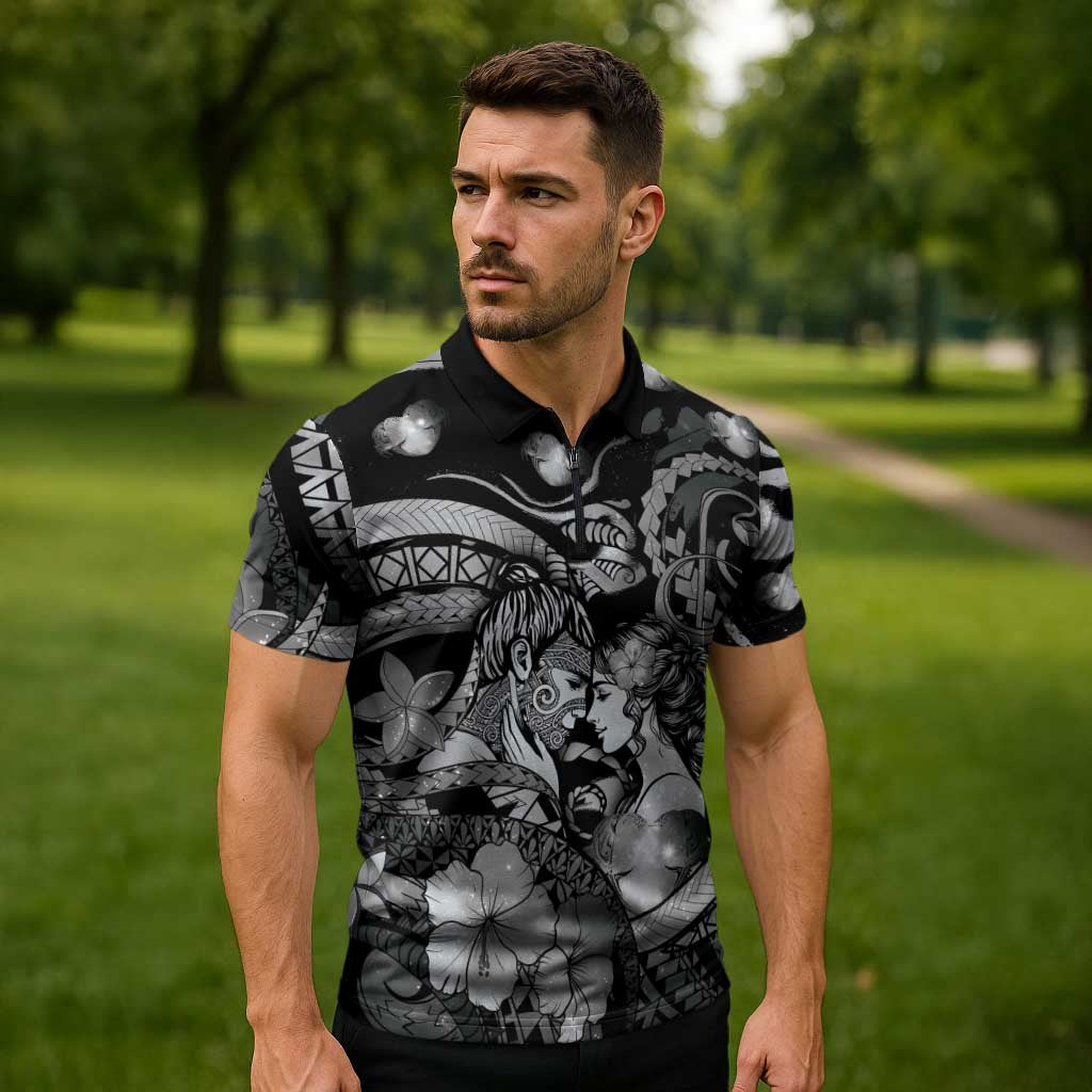 Personalised Maori Romantic Valentine Zipper Polo Shirt The Hongi Kiss Black Galaxy DT05 - Polynesian Pride