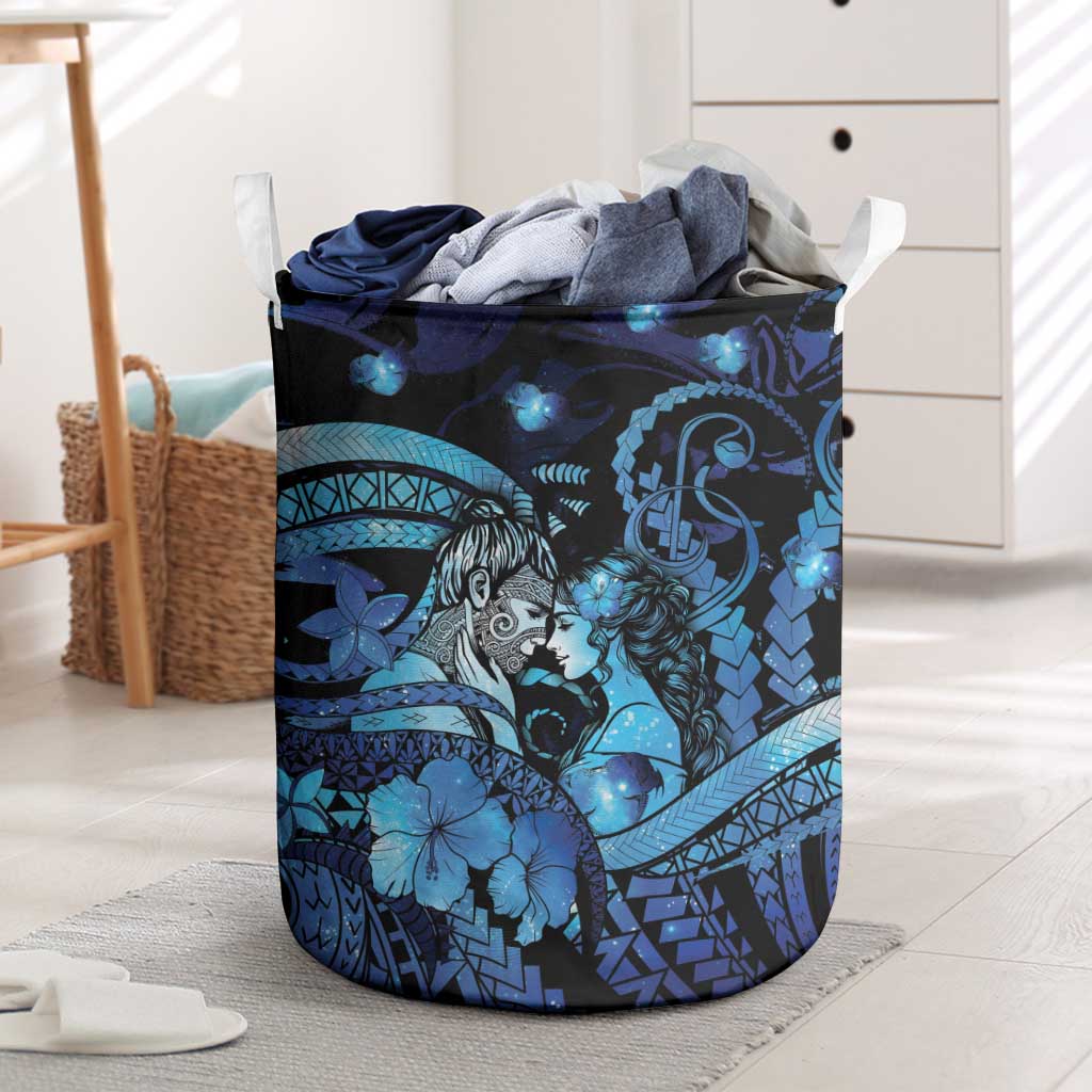Maori Romantic Valentine Laundry Basket The Hongi Kiss Blue Galaxy DT05 Blue - Polynesian Pride