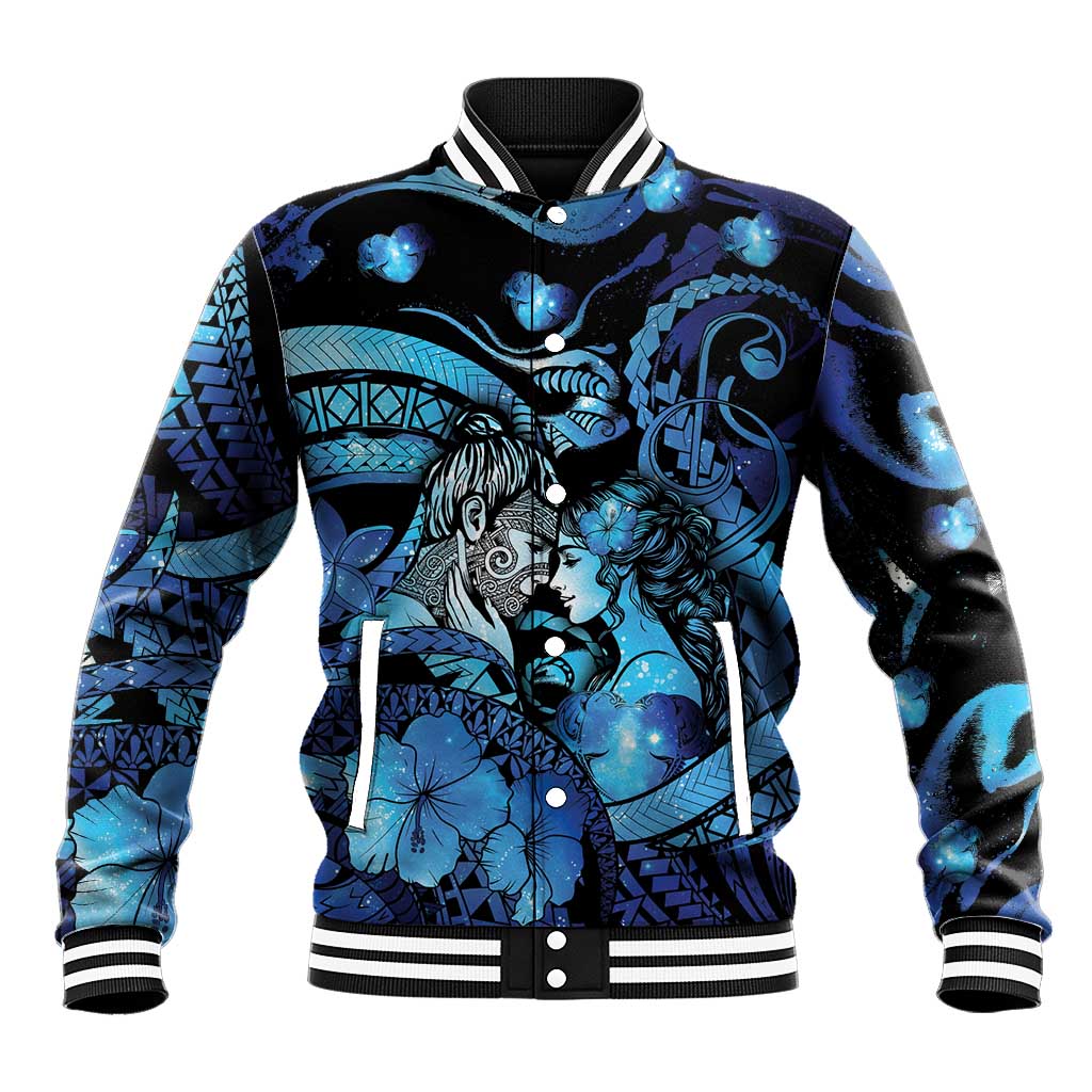 Personalised Maori Romantic Valentine Baseball Jacket The Hongi Kiss Blue Galaxy DT05 Unisex Blue - Polynesian Pride
