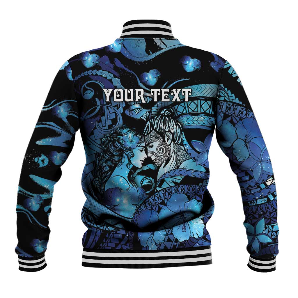 Personalised Maori Romantic Valentine Baseball Jacket The Hongi Kiss Blue Galaxy DT05 - Polynesian Pride