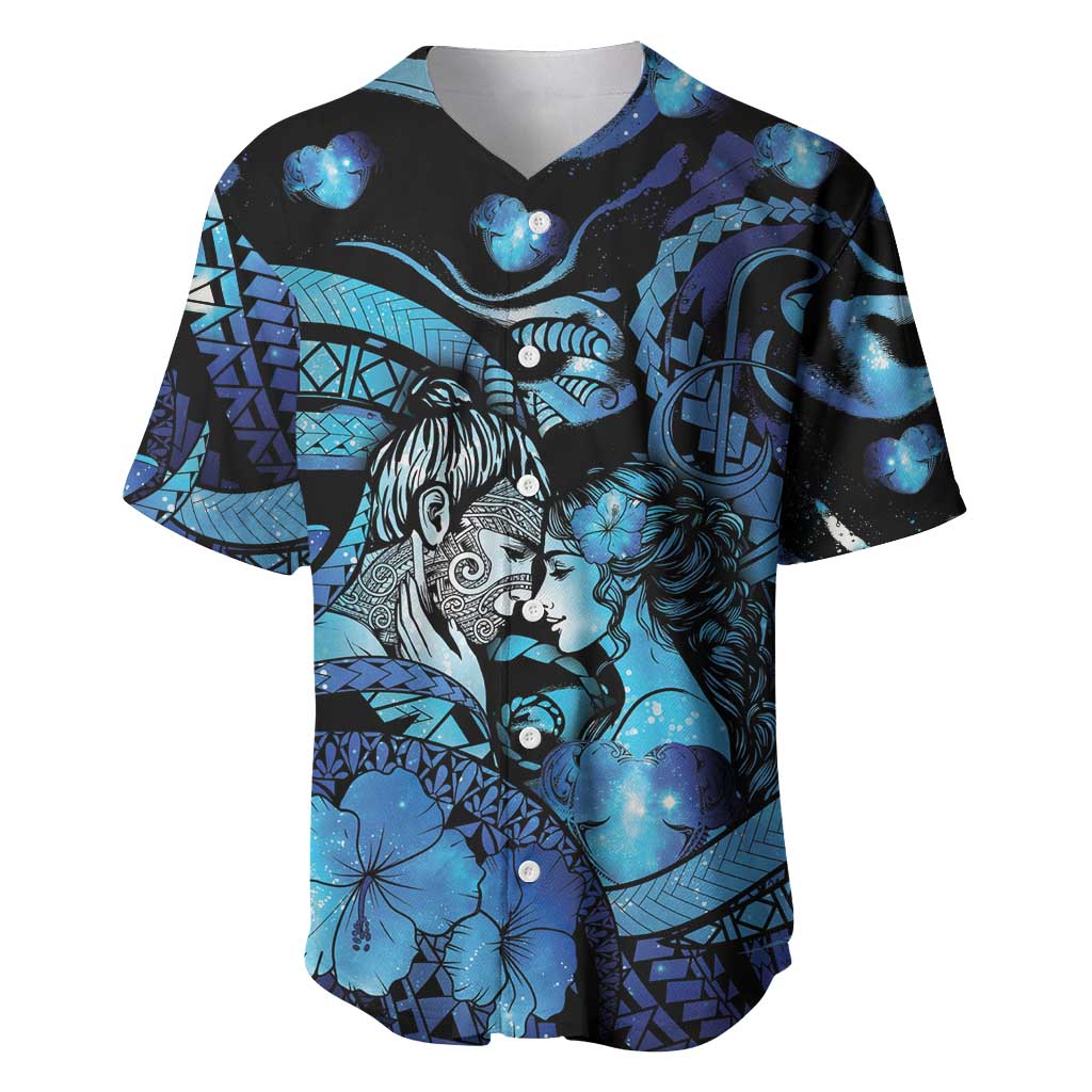 Personalised Maori Romantic Valentine Baseball Jersey The Hongi Kiss Blue Galaxy DT05 Blue - Polynesian Pride