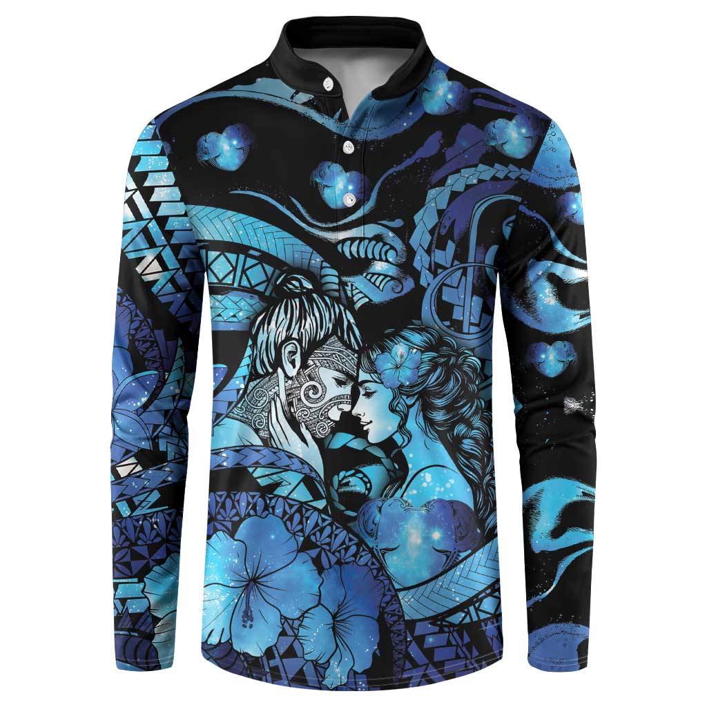 Personalised Maori Romantic Valentine Button Sweatshirt The Hongi Kiss Blue Galaxy DT05 Blue - Polynesian Pride