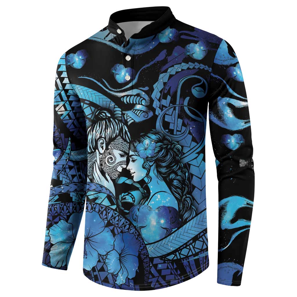 Personalised Maori Romantic Valentine Button Sweatshirt The Hongi Kiss Blue Galaxy DT05 - Polynesian Pride