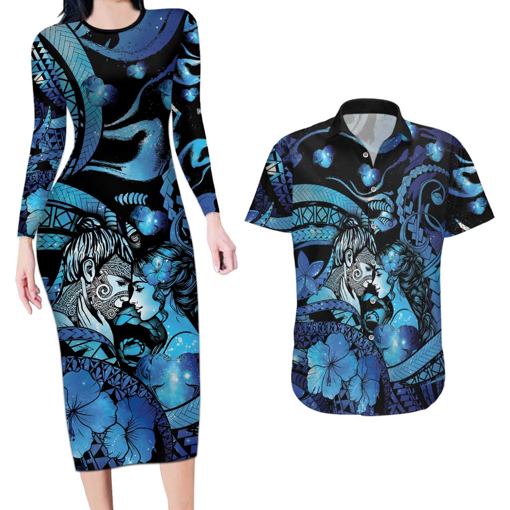 Personalised Maori Romantic Valentine Couples Matching Long Sleeve Bodycon Dress and Hawaiian Shirt The Hongi Kiss Blue Galaxy DT05 Blue - Polynesian Pride