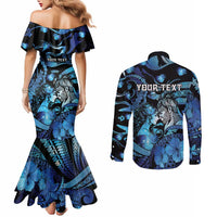 Personalised Maori Romantic Valentine Couples Matching Mermaid Dress and Long Sleeve Button Shirt The Hongi Kiss Blue Galaxy