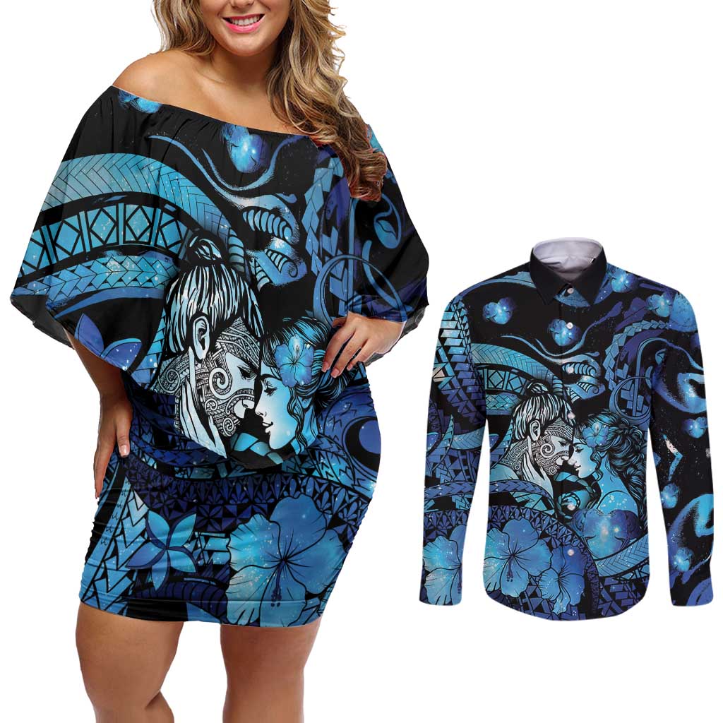 Personalised Maori Romantic Valentine Couples Matching Off Shoulder Short Dress and Long Sleeve Button Shirt The Hongi Kiss Blue Galaxy DT05 Blue - Polynesian Pride