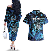 Personalised Maori Romantic Valentine Couples Matching Off The Shoulder Long Sleeve Dress and Hawaiian Shirt The Hongi Kiss Blue Galaxy