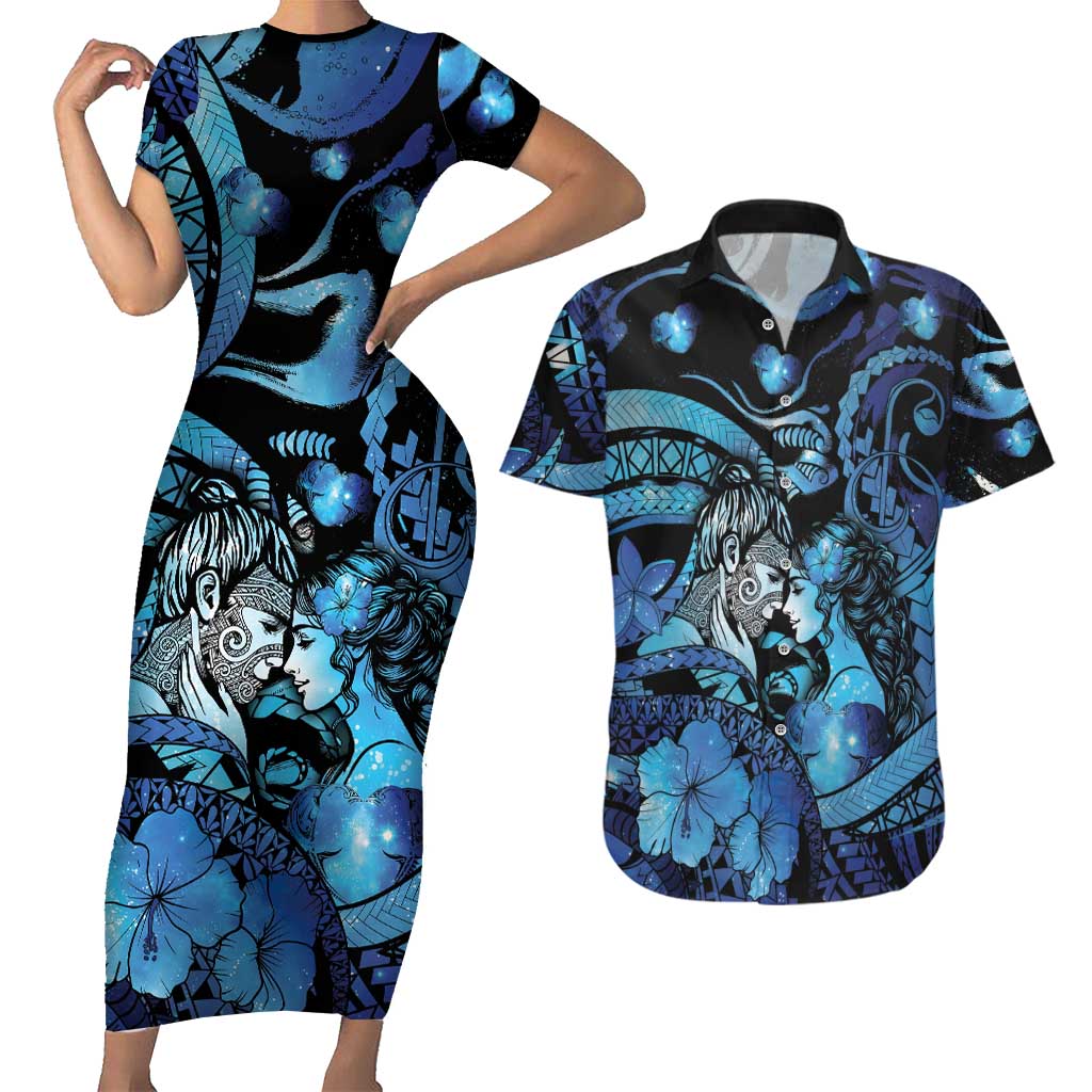 Personalised Maori Romantic Valentine Couples Matching Short Sleeve Bodycon Dress and Hawaiian Shirt The Hongi Kiss Blue Galaxy DT05 Blue - Polynesian Pride