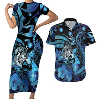 Personalised Maori Romantic Valentine Couples Matching Short Sleeve Bodycon Dress and Hawaiian Shirt The Hongi Kiss Blue Galaxy