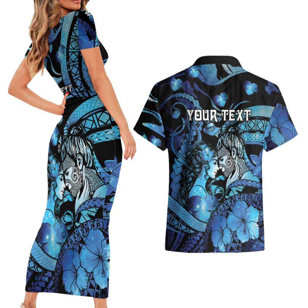Personalised Maori Romantic Valentine Couples Matching Short Sleeve Bodycon Dress and Hawaiian Shirt The Hongi Kiss Blue Galaxy