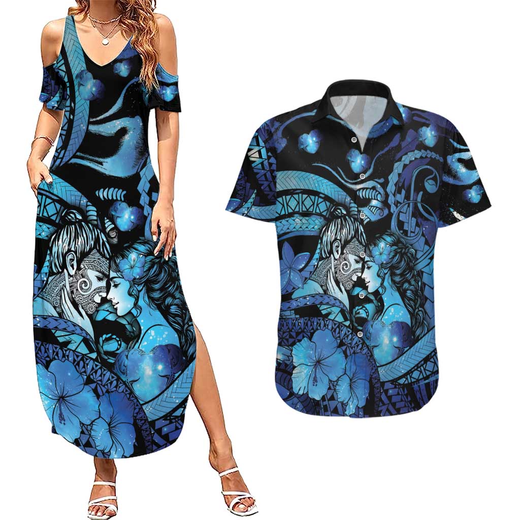 Personalised Maori Romantic Valentine Couples Matching Summer Maxi Dress and Hawaiian Shirt The Hongi Kiss Blue Galaxy DT05 Blue - Polynesian Pride