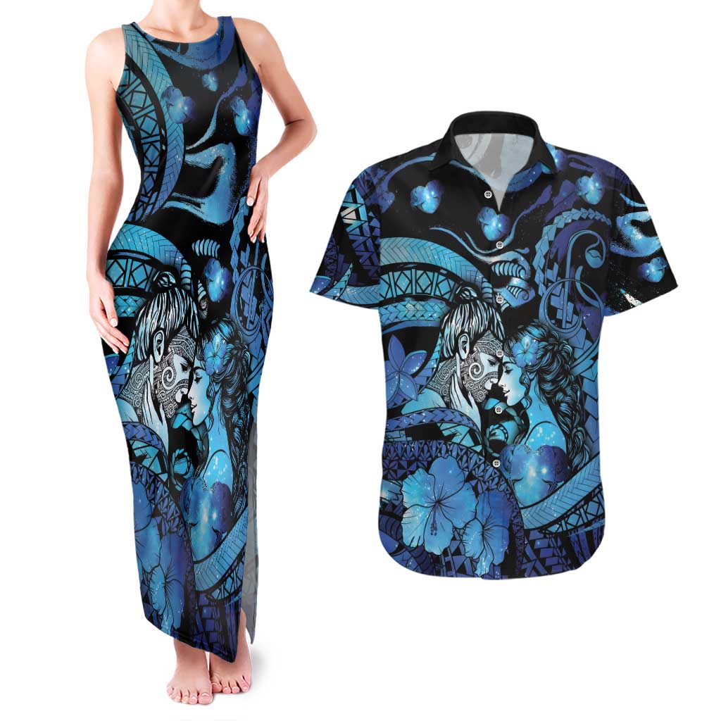 Personalised Maori Romantic Valentine Couples Matching Tank Maxi Dress and Hawaiian Shirt The Hongi Kiss Blue Galaxy DT05 Blue - Polynesian Pride