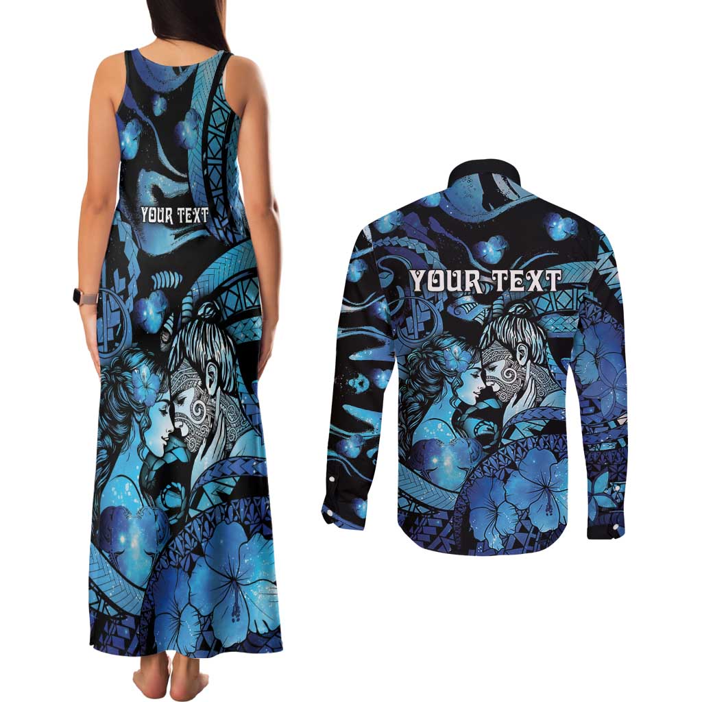 Personalised Maori Romantic Valentine Couples Matching Tank Maxi Dress and Long Sleeve Button Shirt The Hongi Kiss Blue Galaxy