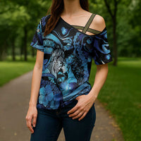 Personalised Maori Romantic Valentine Cross Shoulder Shirt The Hongi Kiss Blue Galaxy DT05 - Polynesian Pride