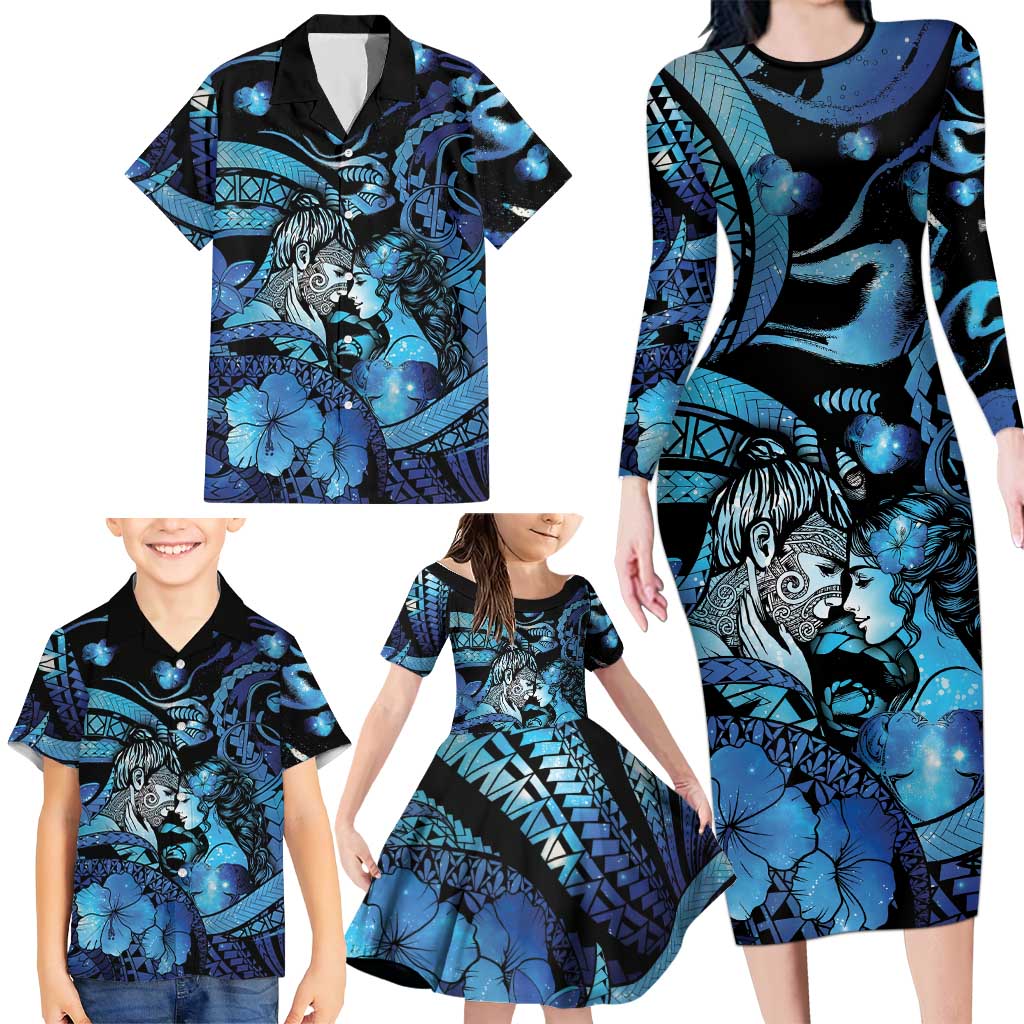 Personalised Maori Romantic Valentine Family Matching Long Sleeve Bodycon Dress and Hawaiian Shirt The Hongi Kiss Blue Galaxy