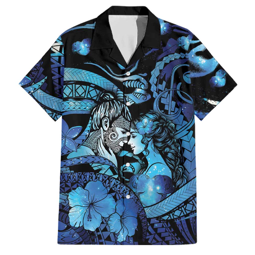 Personalised Maori Romantic Valentine Family Matching Long Sleeve Bodycon Dress and Hawaiian Shirt The Hongi Kiss Blue Galaxy