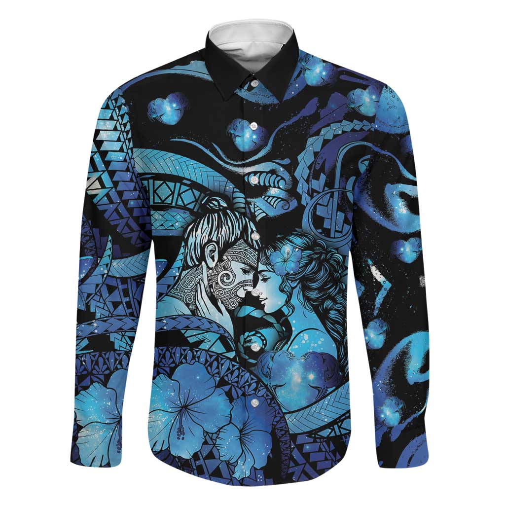 Personalised Maori Romantic Valentine Family Matching Long Sleeve Bodycon Dress and Hawaiian Shirt The Hongi Kiss Blue Galaxy