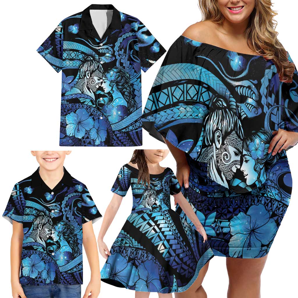Personalised Maori Romantic Valentine Family Matching Off Shoulder Short Dress and Hawaiian Shirt The Hongi Kiss Blue Galaxy