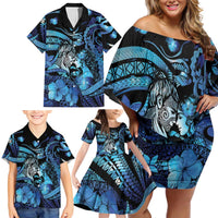 Personalised Maori Romantic Valentine Family Matching Off Shoulder Short Dress and Hawaiian Shirt The Hongi Kiss Blue Galaxy