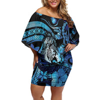 Personalised Maori Romantic Valentine Family Matching Off Shoulder Short Dress and Hawaiian Shirt The Hongi Kiss Blue Galaxy