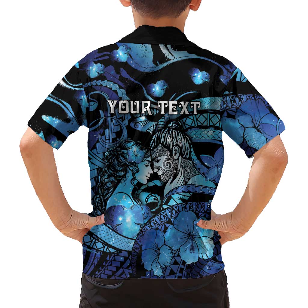 Personalised Maori Romantic Valentine Family Matching Short Sleeve Bodycon Dress and Hawaiian Shirt The Hongi Kiss Blue Galaxy