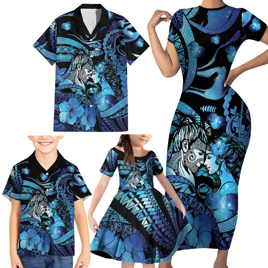 Personalised Maori Romantic Valentine Family Matching Short Sleeve Bodycon Dress and Hawaiian Shirt The Hongi Kiss Blue Galaxy DT05 - Polynesian Pride