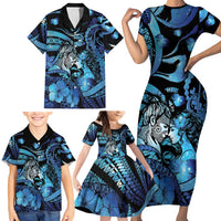 Personalised Maori Romantic Valentine Family Matching Short Sleeve Bodycon Dress and Hawaiian Shirt The Hongi Kiss Blue Galaxy