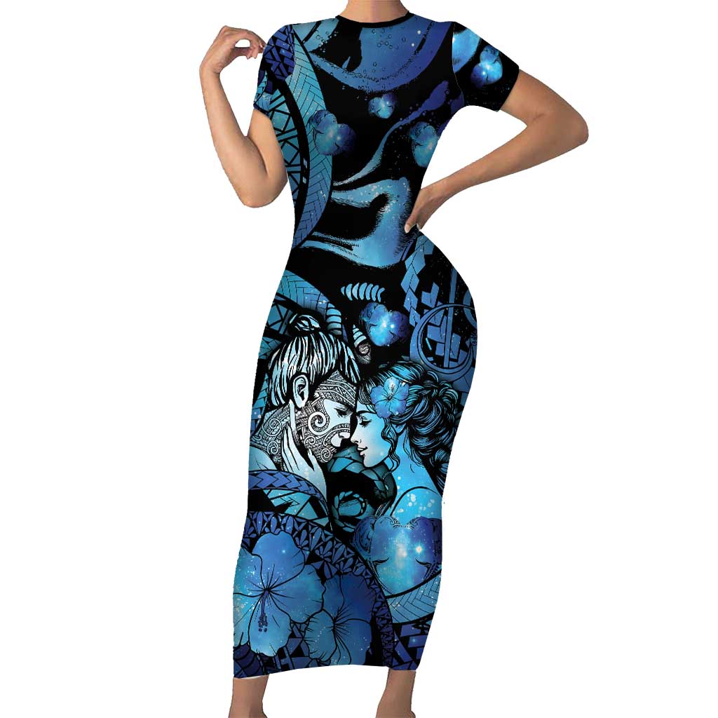 Personalised Maori Romantic Valentine Family Matching Short Sleeve Bodycon Dress and Hawaiian Shirt The Hongi Kiss Blue Galaxy