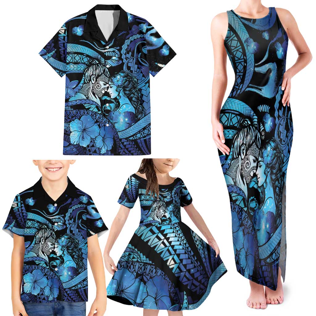 Personalised Maori Romantic Valentine Family Matching Tank Maxi Dress and Hawaiian Shirt The Hongi Kiss Blue Galaxy DT05 - Polynesian Pride