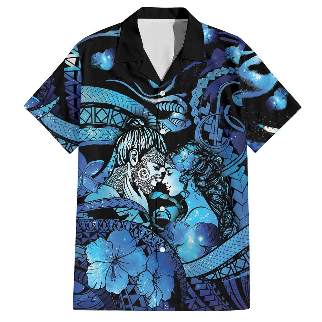 Personalised Maori Romantic Valentine Hawaiian Shirt The Hongi Kiss Blue Galaxy
