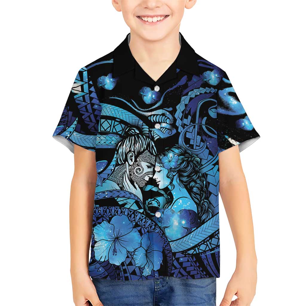 Personalised Maori Romantic Valentine Hawaiian Shirt The Hongi Kiss Blue Galaxy DT05 - Polynesian Pride