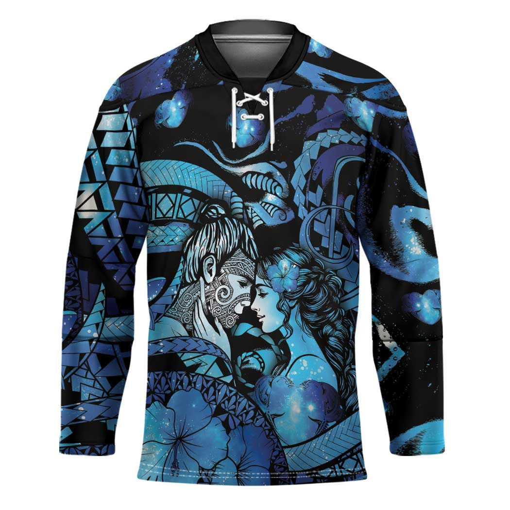 Personalised Maori Romantic Valentine Hockey Jersey The Hongi Kiss Blue Galaxy DT05 Unisex Blue - Polynesian Pride