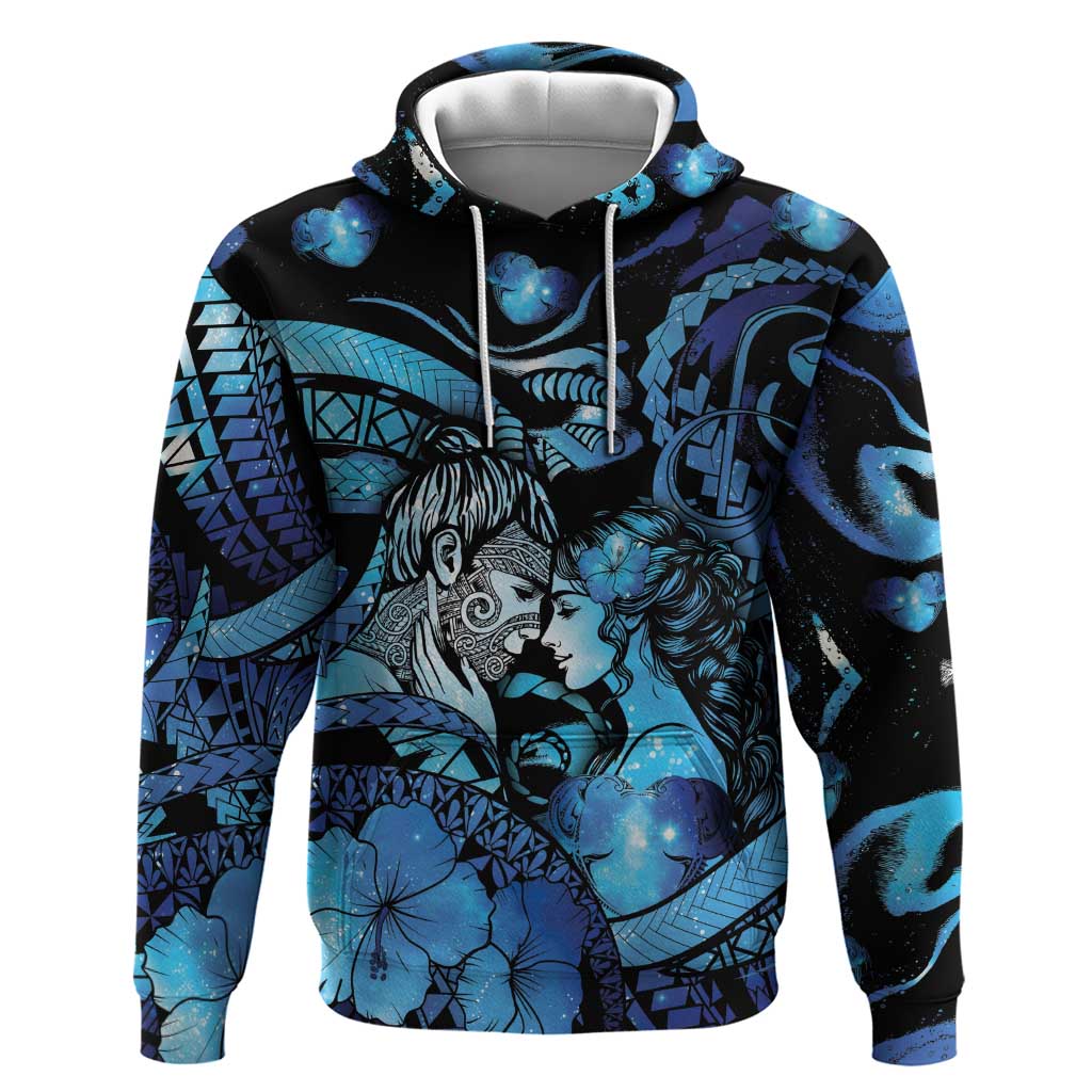 Personalised Maori Romantic Valentine Hoodie The Hongi Kiss Blue Galaxy DT05 Pullover Hoodie Blue - Polynesian Pride