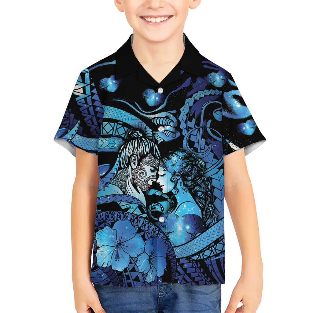 Personalised Maori Romantic Valentine Kid Hawaiian Shirt The Hongi Kiss Blue Galaxy DT05 Kid Blue - Polynesian Pride