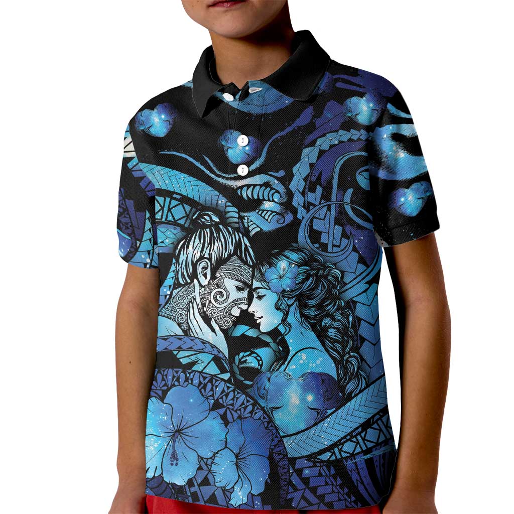 Personalised Maori Romantic Valentine Kid Polo Shirt The Hongi Kiss Blue Galaxy DT05 Kid Blue - Polynesian Pride
