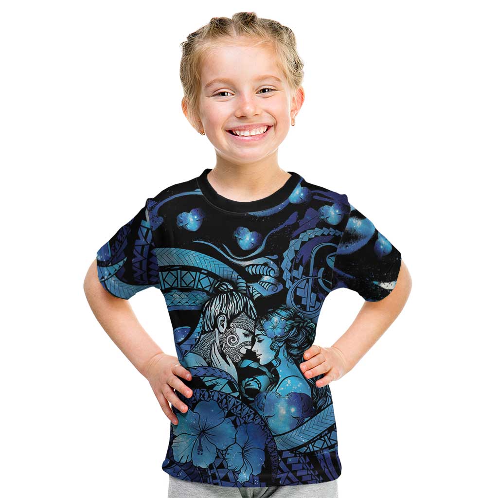 Personalised Maori Romantic Valentine Kid T Shirt The Hongi Kiss Blue Galaxy DT05 Blue - Polynesian Pride