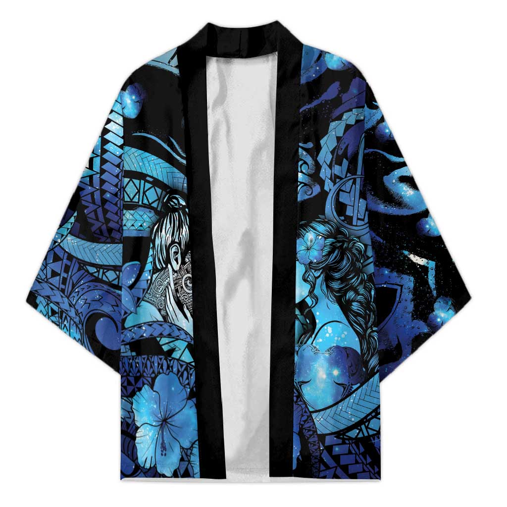 Personalised Maori Romantic Valentine Kimono The Hongi Kiss Blue Galaxy DT05 Unisex Blue - Polynesian Pride