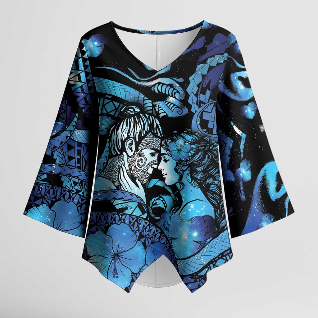 Personalised Maori Romantic Valentine Kimono Sleeve Blouse The Hongi Kiss Blue Galaxy DT05 Female Blue - Polynesian Pride