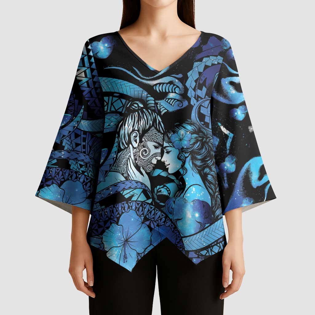 Personalised Maori Romantic Valentine Kimono Sleeve Blouse The Hongi Kiss Blue Galaxy DT05 - Polynesian Pride