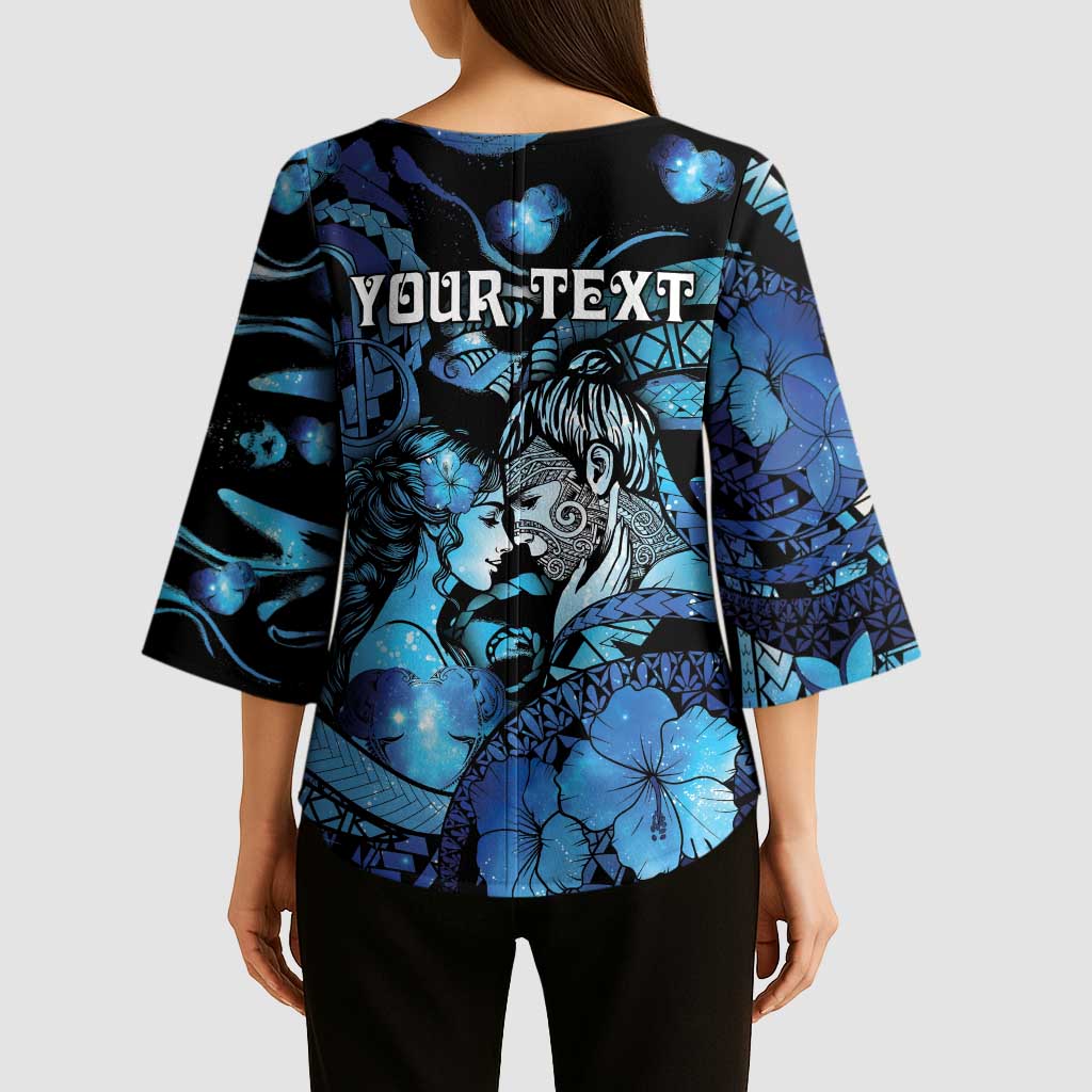 Personalised Maori Romantic Valentine Kimono Sleeve Blouse The Hongi Kiss Blue Galaxy DT05 - Polynesian Pride