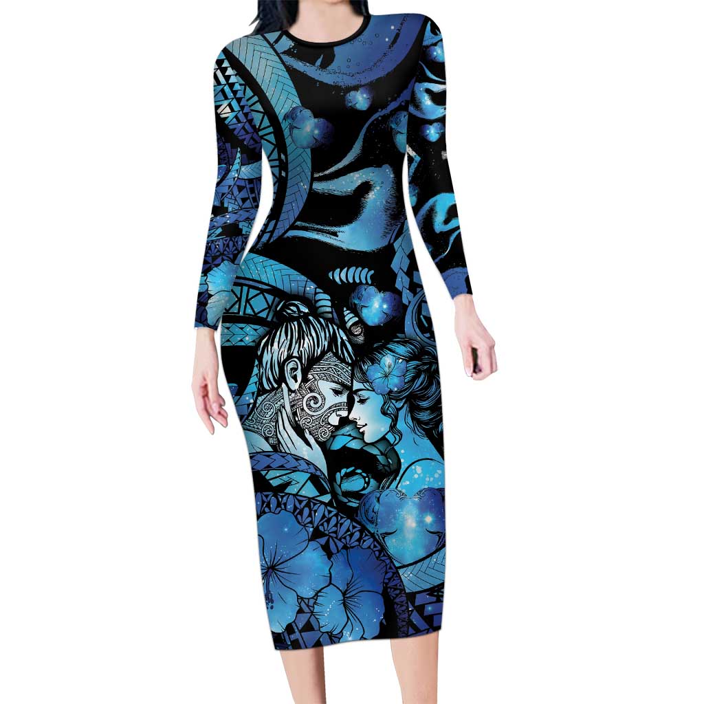 Personalised Maori Romantic Valentine Long Sleeve Bodycon Dress The Hongi Kiss Blue Galaxy DT05 Long Dress Blue - Polynesian Pride