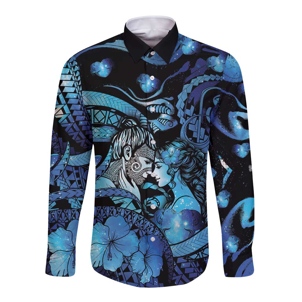 Personalised Maori Romantic Valentine Long Sleeve Button Shirt The Hongi Kiss Blue Galaxy DT05 Unisex Blue - Polynesian Pride